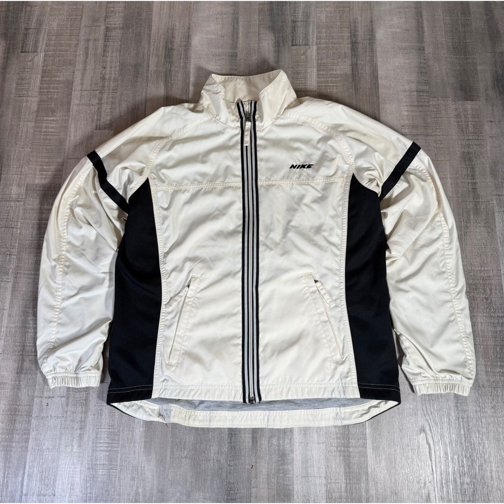 Nike Vintage Full Zip Track Jacket Cream Black Jersey Lined Windbreaker Womens M